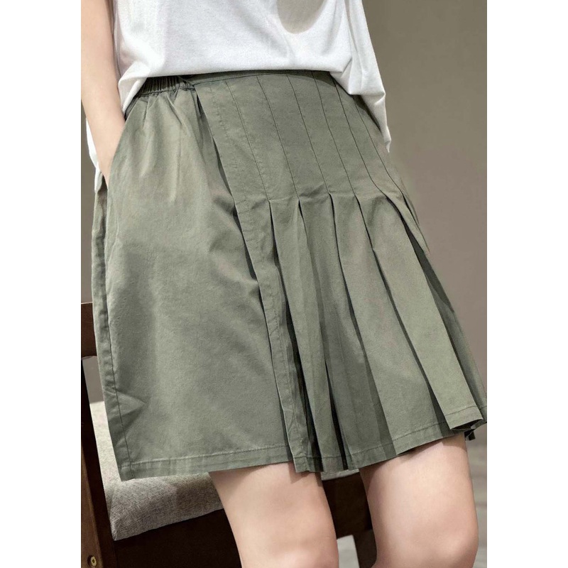 Casual Versatile Green Elastic Waist Pleated Shorts Skirt Summer