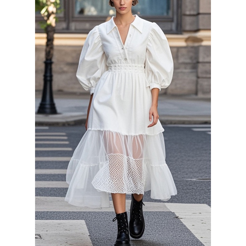Casual White Puff Sleeve Patchwork Tulle Cotton Party Dress Spring