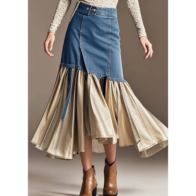 Champagne Patchwork Denim Wraped Skirts Wrinkled Fall