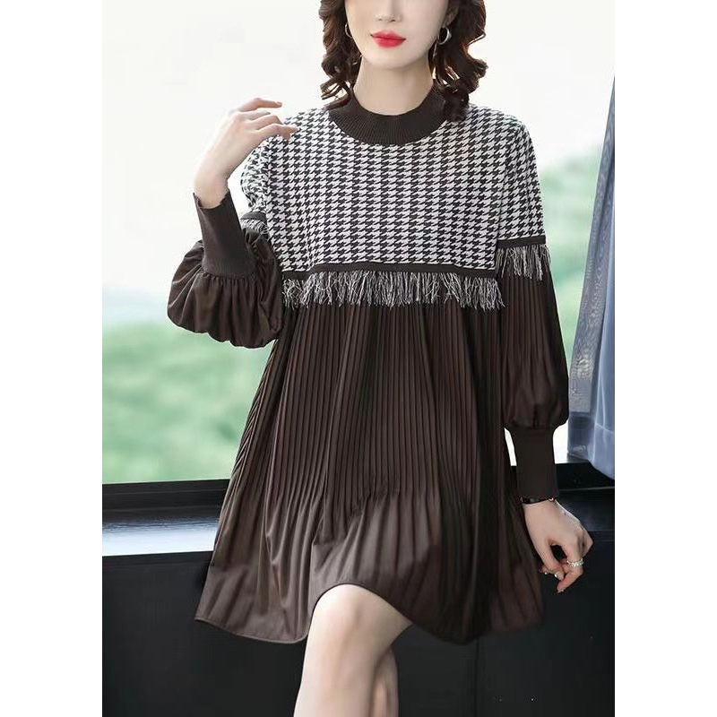 Chic Coffee O-Neck Tasseled Wrinkled Patchwork Cotton Mid Dress Lantern Sleeve