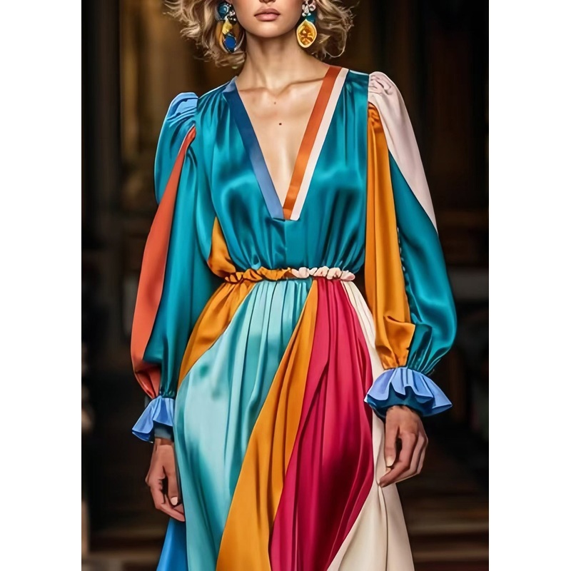 Chic Peacock Green V Neck Patchwork Silk Vacation Dresses Spring