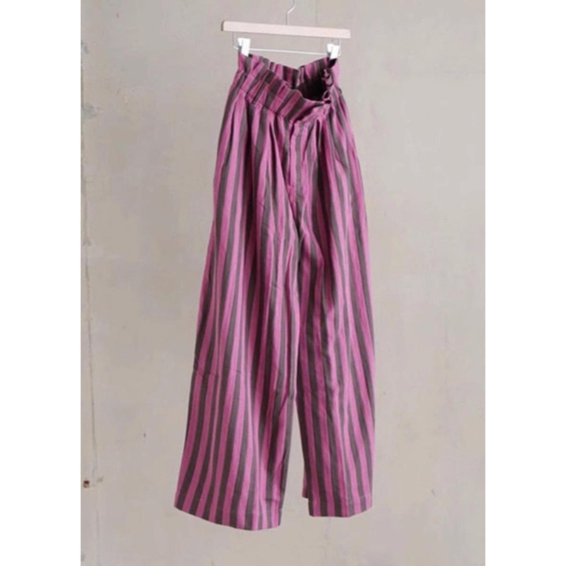 Chic Purple Striped Elastic Waist Cotton Wide Leg Pants Summer