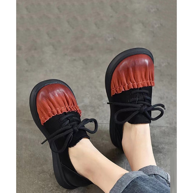Chic Red Cowhide Leather Wrinkle Splicing Lace Up Flats Shoes