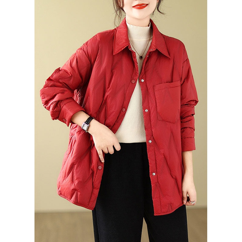 Chic Red Peter Pan Collar Pockets Button Parkas Winter