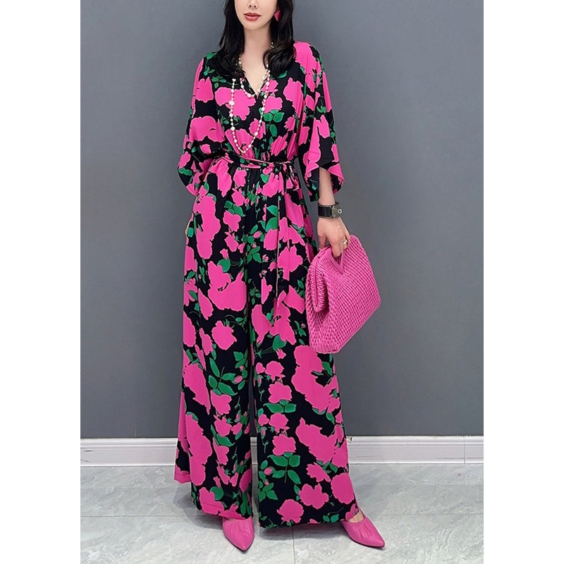 Chic Rose V Neck Print Chiffon Overalls Jumpsuit Summer