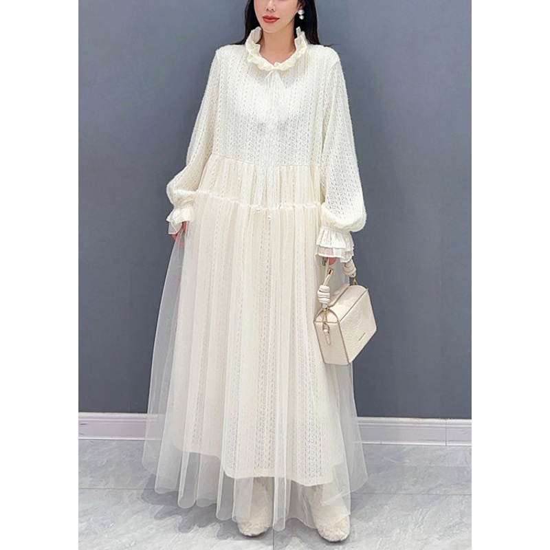 Chic White Ruffled Tulle Lace Dresses Long Sleeve