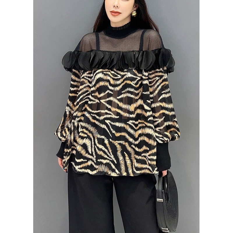 Chic Yellow Leopard Tulle Patchwork Chiffon Top Long Sleeve