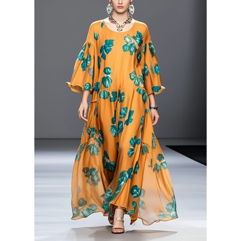 Classy Orange Oversized Print Chiffon Ankle Dress Spring