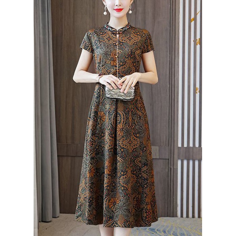 Classy Yellow Button Print Patchwork Silk Dresses Summer