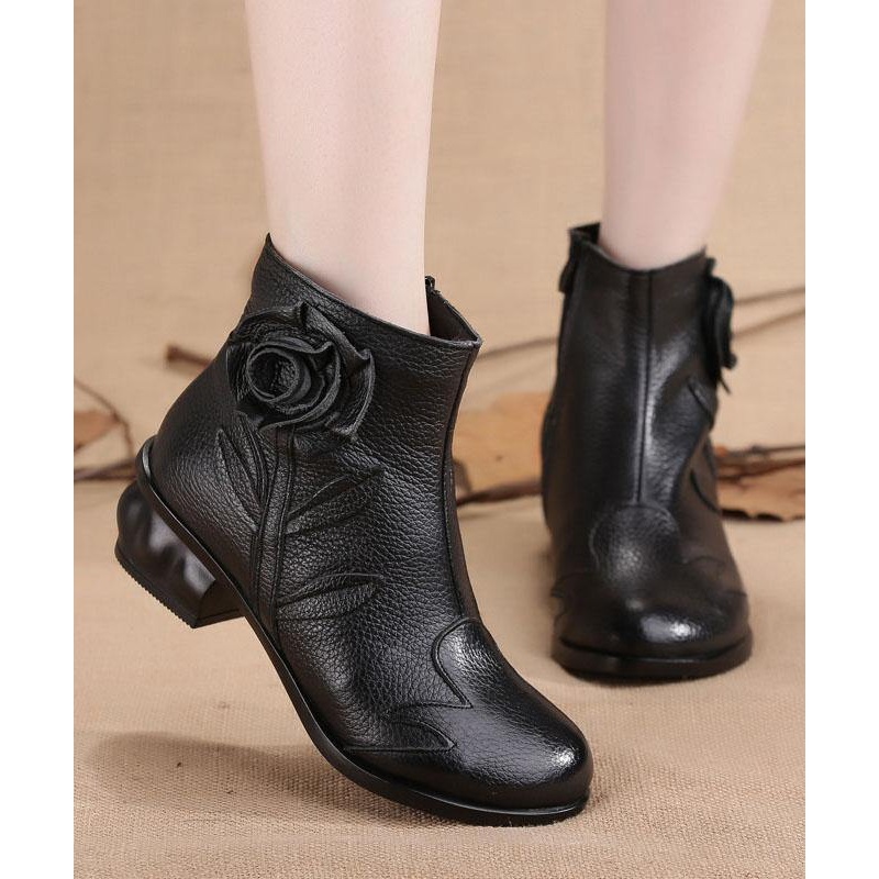 Comfortable Splicing Chunky Boots Black Cowhide Leather