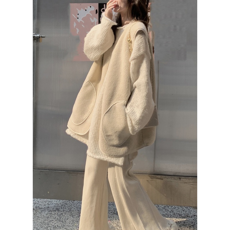 Cute Beige O-Neck Thick Cotton Knit Waistcoat Sweaters And Trousers Three Piece Set Winter