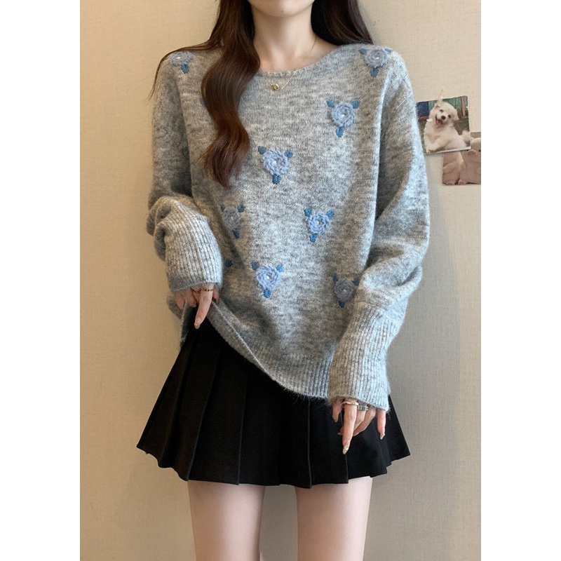 DIY Grey Blue O Neck Floral Cozy Knit Sweater Winter