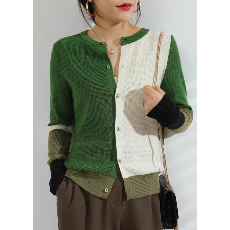 Elegant Green Patchwork Button Cotton Knitted Cardigans Fall