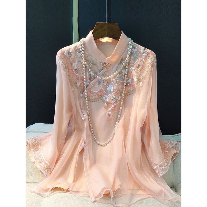 Elegant Lotus Pink Floral Embroidery Mock Neck Fog Button 3/4 Sleeve Loose Shirt