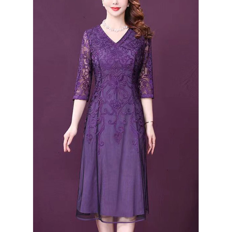 Elegant Purple V Neck Lace Patchwork Tulle Dresses Half Sleeve