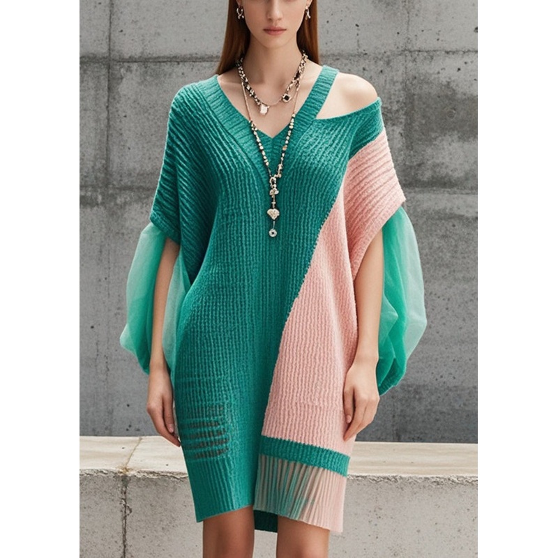 Elegant Tea Green Cold Shoulder Patchwork Tulle Long Sweater Fall