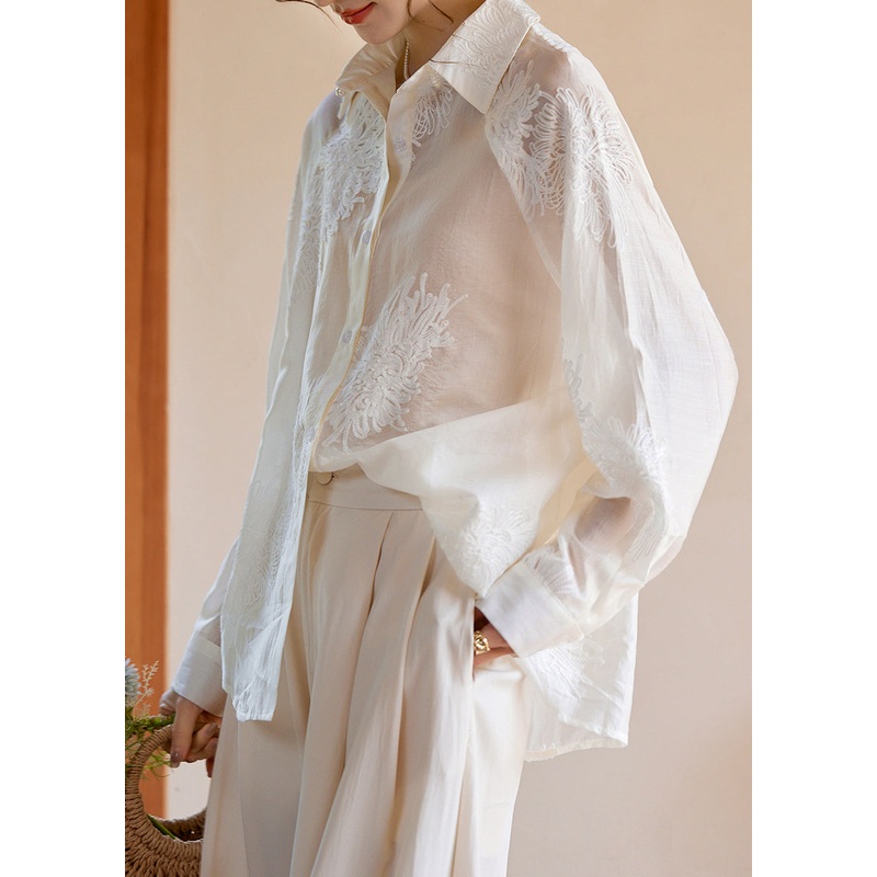 Elegant White Peter Pan Collar Embroidered Button Silk Shirts Fall