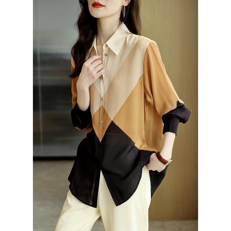 Fashion Colorblock Peter Pan Collar Button Chiffon Blouses Spring
