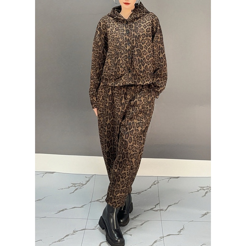 Fashion Khaki Leopard Warm Fleece Hooded Coats And Harem Pants Two Pieces Set Winter