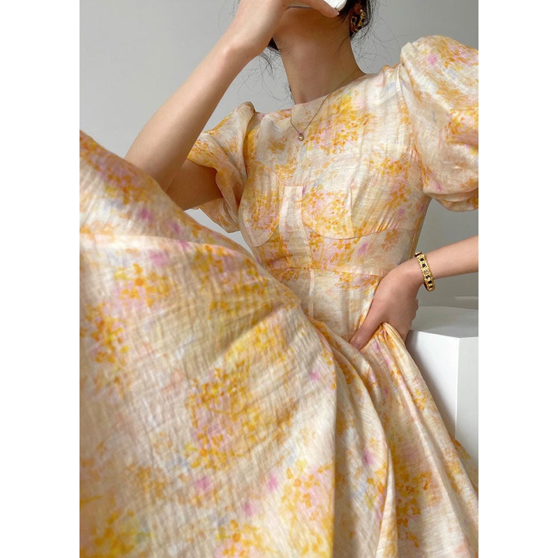 Fashion Yellow O-Neck Print Slim Fit Silk Holiday Dresses Lantern Sleeve