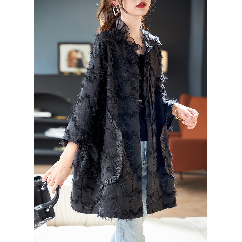 Fine Black Ruffled Patchwork Button Coat Spring