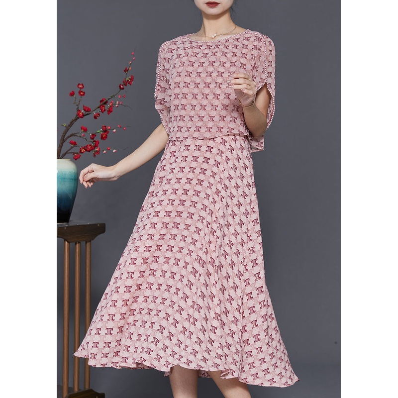 Fine Pink Print Nail Bead Chiffon Fake Two Piece Dress Summer