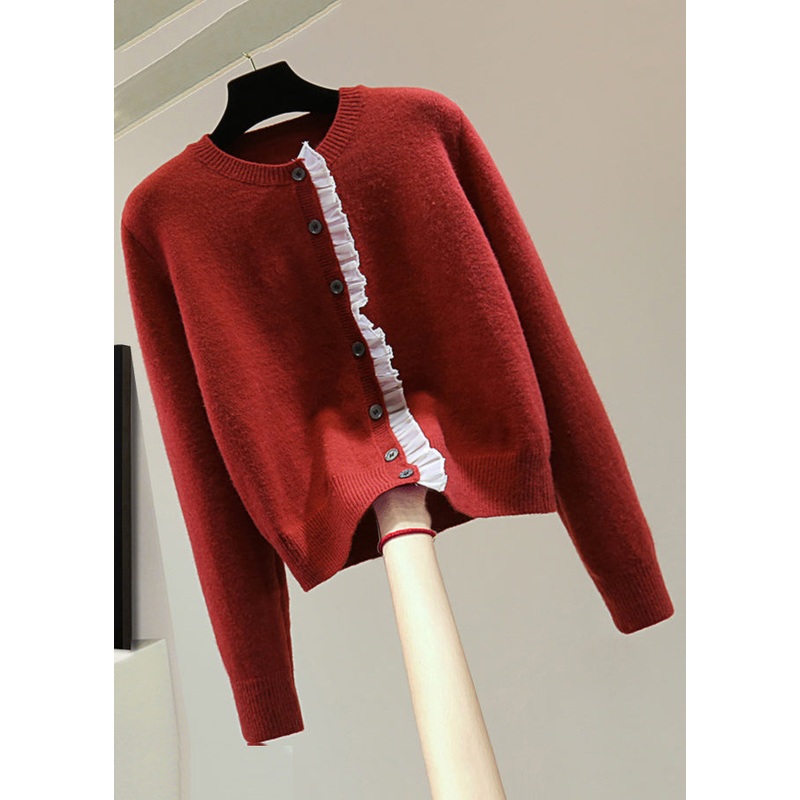 Fine Red O-Neck Chiffon Patchwork Thick Cotton Knit Sweater Winter