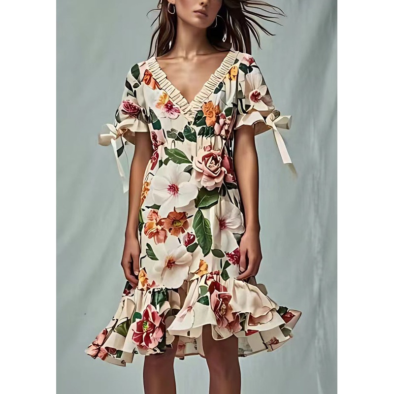 Floral Beige V Neck Print Cotton Dresses Short Sleeve