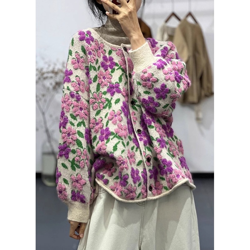 Floral Light Purple O Neck Button Cotton Knit Coat Long Sleeve