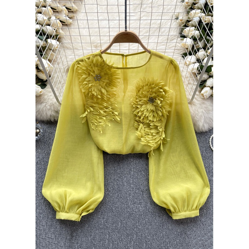 Floral Yellow O Neck Solid Chiffon Shirts Long Sleeve