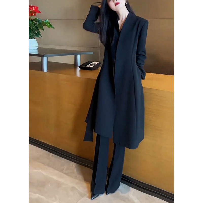 Formal Black Slim Fit Spandex Trench And Flared Trousers Two Pieces Set Spring