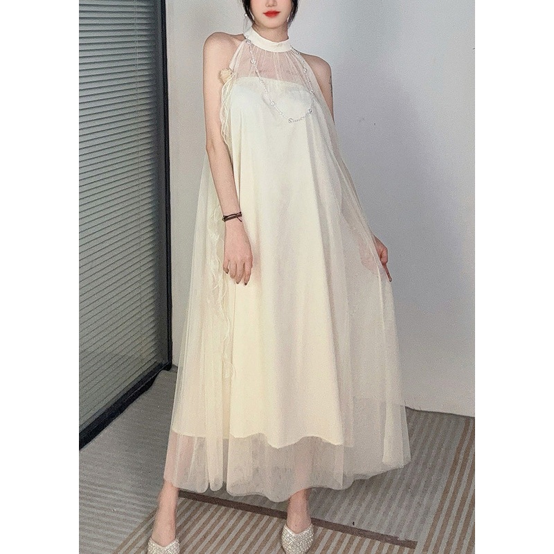 French Apricot Cold Shoulder Patchwork Tulle Dress Sleeveless