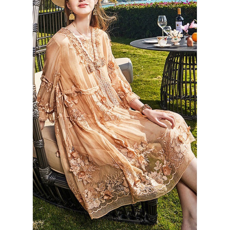 French Apricot Embroidered Lace Patchwork Dress Bracelet Sleeve