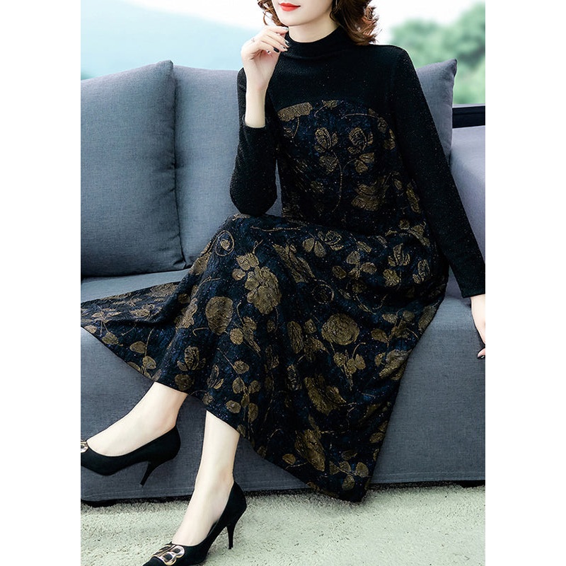 French Black Print Patchwork Warm Fleece Maxi Dress Spring