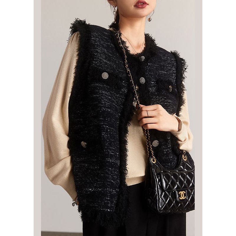 French Black Tasseled Button Patchwork Cotton Waistcoat Sleeveless