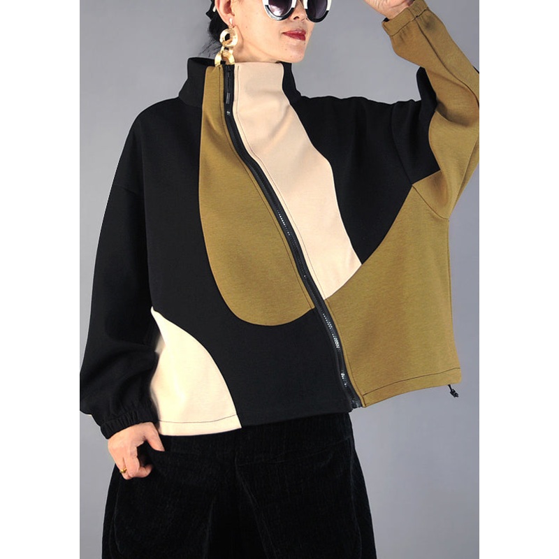 French Black Zip Up Patchwork Cotton Top Fall