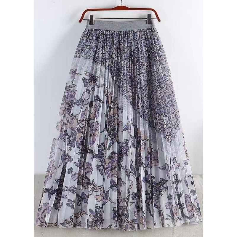 French Light Purple Print Elastic Waist Tulle Skirts Spring