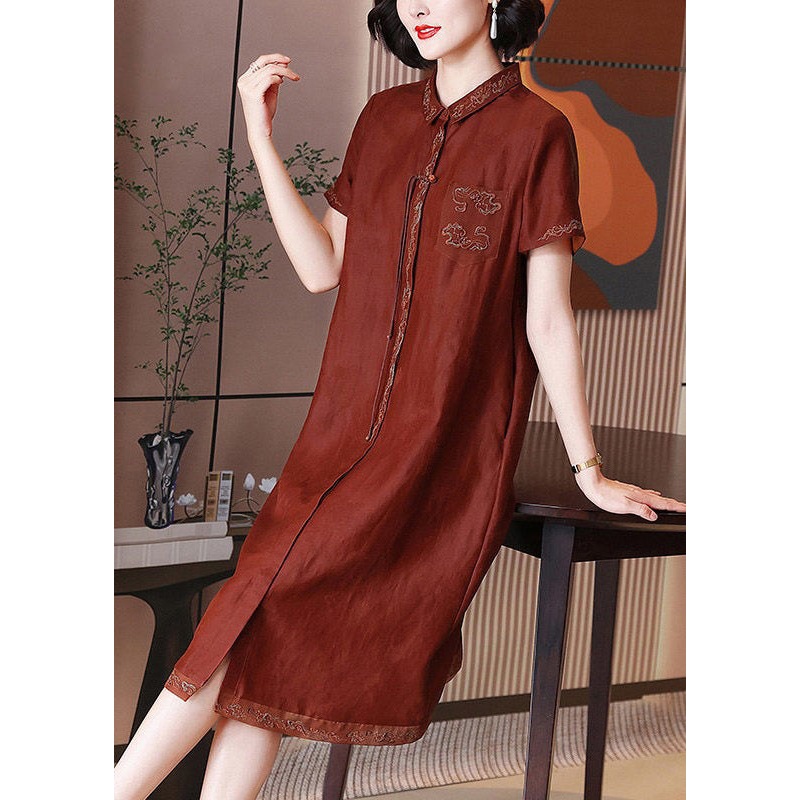 French Red Embroidered Button Pockets Silk Long Dress Summer