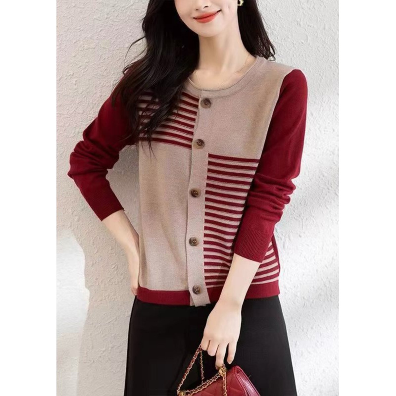 French Red O Neck Button Patchwork Knit Cardigans Fall