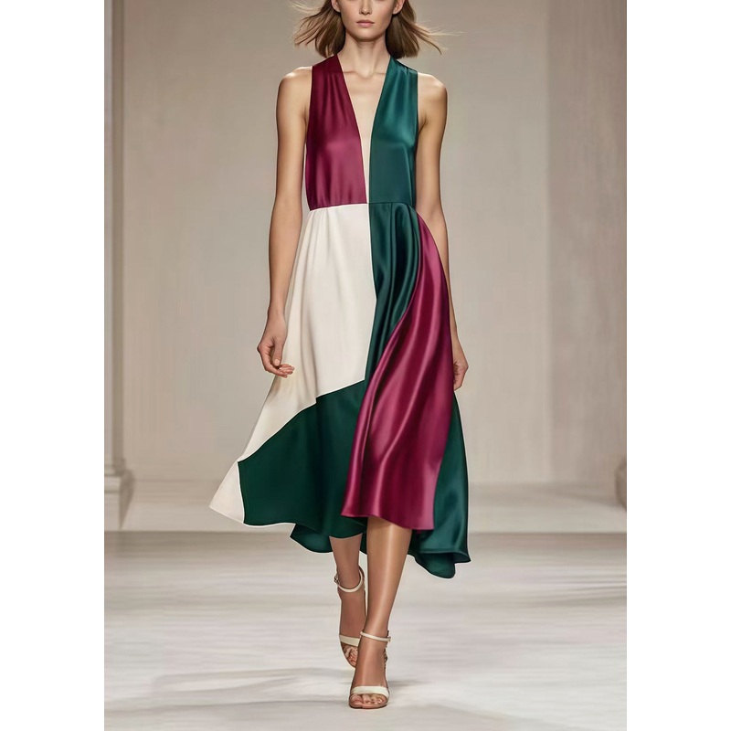 French V Neck Patchwork Draping Silk Tea Dress Summer