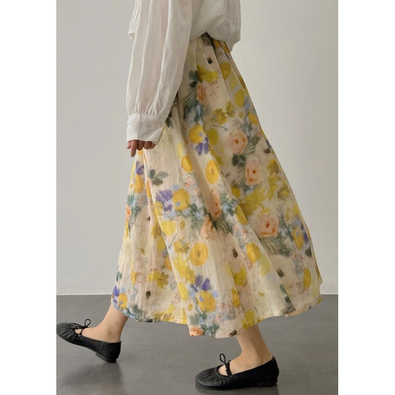 French Yellow Wrinkled Print Elastic Waist Cotton Skirt Summer