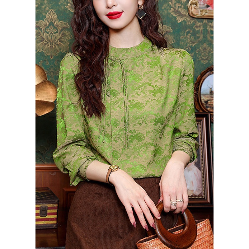 Green Stand Collar Tassel Silk Shirt Spring