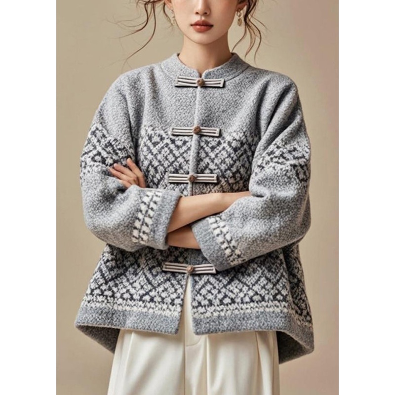 Grey Button Cozy Cotton Loose Coat Stand Collar Fall