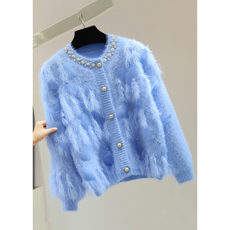 Handmade Blue Nail Bead Patchwork Tassel Solid Cotton Knit Sweaters Winter