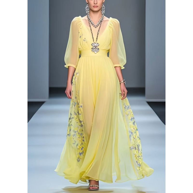 Handmade Yellow Cinched Print Chiffon Party Dress Summer