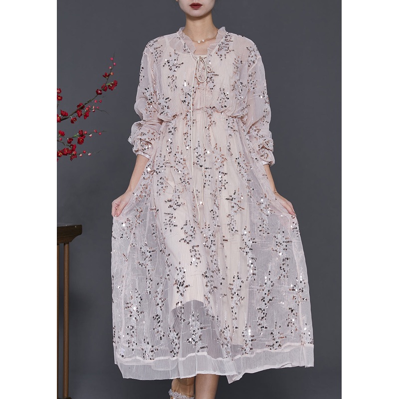 Italian Apricot Ruffled Sequins Tulle Maxi Dress Spring