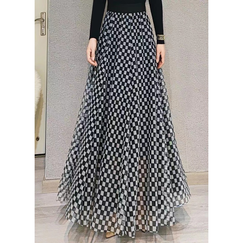 Italian Black Plaid High Waist Exra Large Hem Tulle Skirt Spring