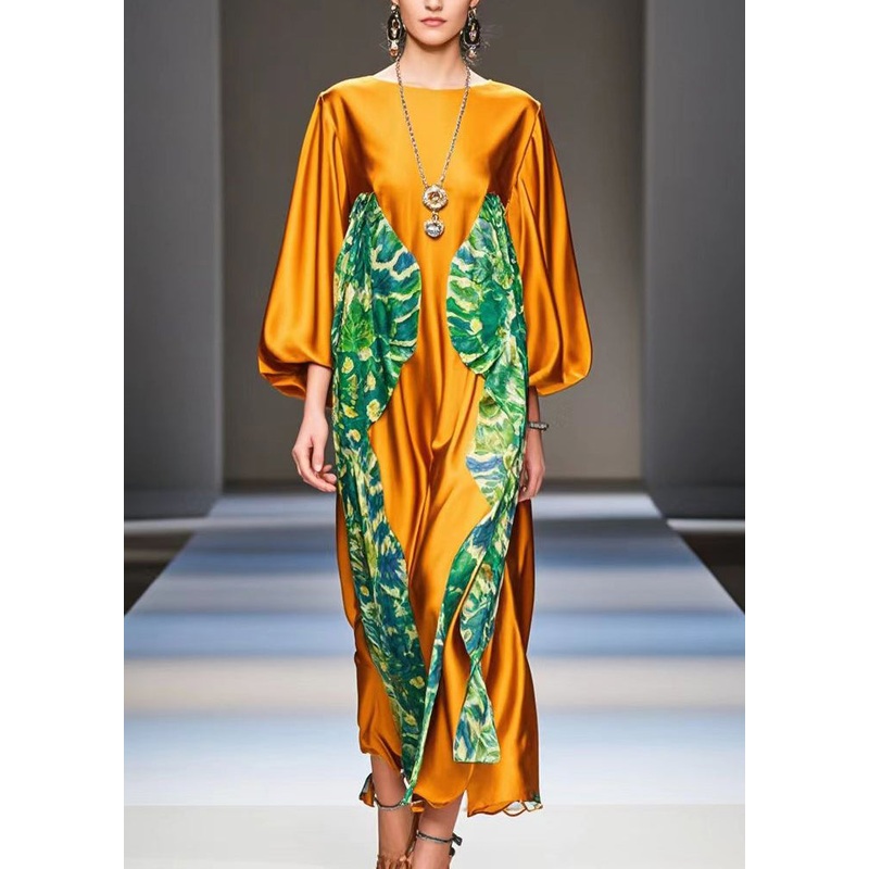 Italian Caramel Oversized Patchwork Print Silk Dress Spring