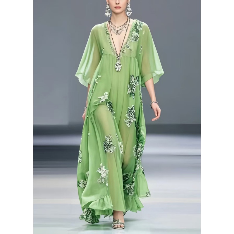 Light Green Print Chiffon Maxi Dress Exra Large Hem Summer