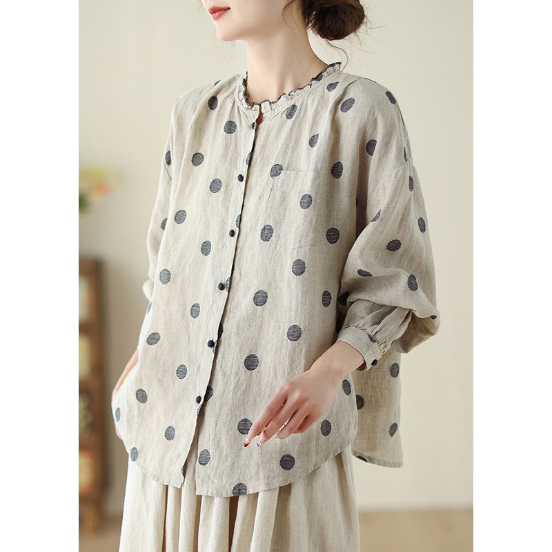 Loose Black Dot Ruffled Button Cotton Shirt Long Sleeve